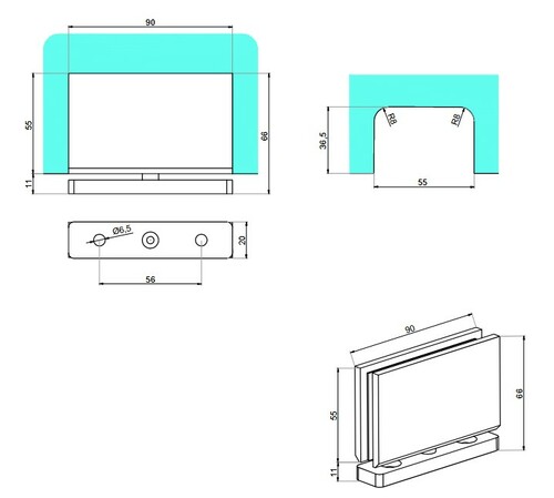 Floor-to-glass swing hinge 90° 3