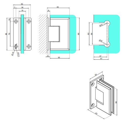 Wall-to-glass swing hinge 90° 3