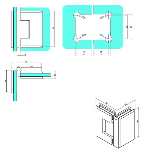 Glass-to-glass swing hinge 90° 3