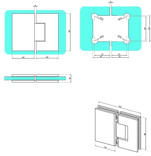 Glass-to-glass swing hinge 180° 3