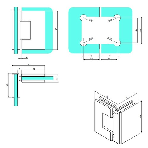 Glass-to-glass swing hinge 90° 3
