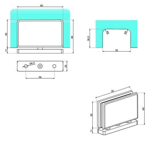Floor-to-glass swing hinge 90° 2